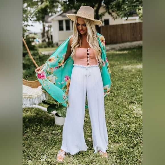 Other - NWT Sheer Chiffon Kimono Teal w/ Pink & Yellow Floral Print, Size Large Boutique